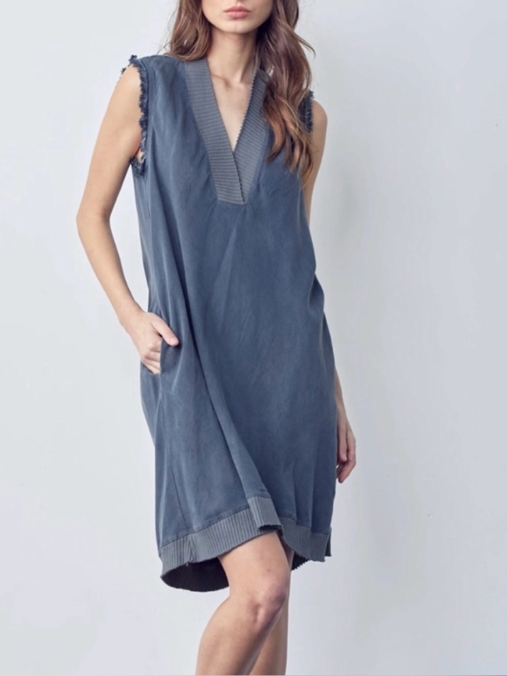 Maven West Washed Slate Blue V-Neck Shift Dress Size XS